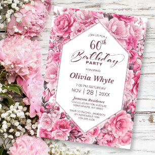 60th Birthday Pink Rose Floral Party Invitation