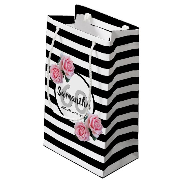 60th birthday pink roses black white stripes small gift bag (Back Angled)