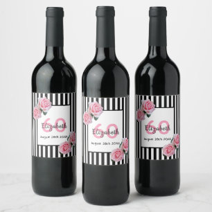 60th birthday pink roses black white stripes wine label