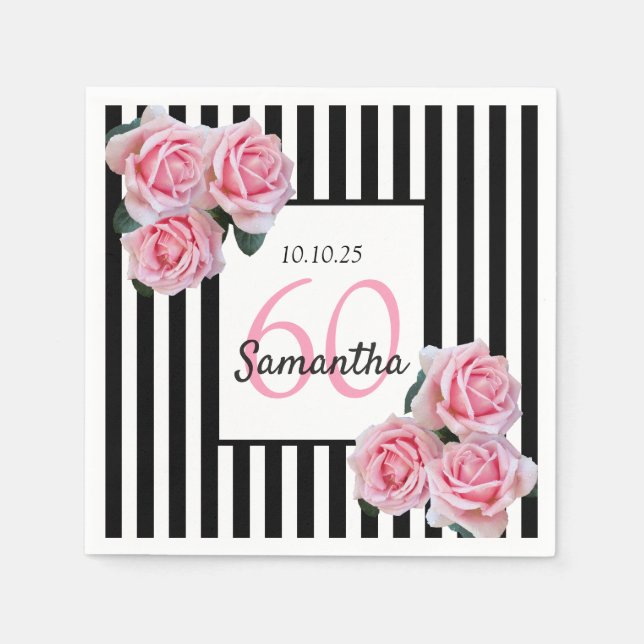 60th birthday pink roses on black white stripes napkin (Front)