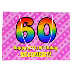 60th Birthday: Pink Stripes & Hearts, Rainbow # 60 Large Gift Bag