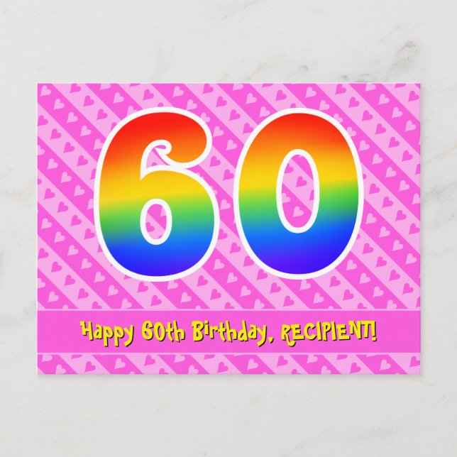 60th Birthday: Pink Stripes & Hearts, Rainbow 60 Postcard (Front)