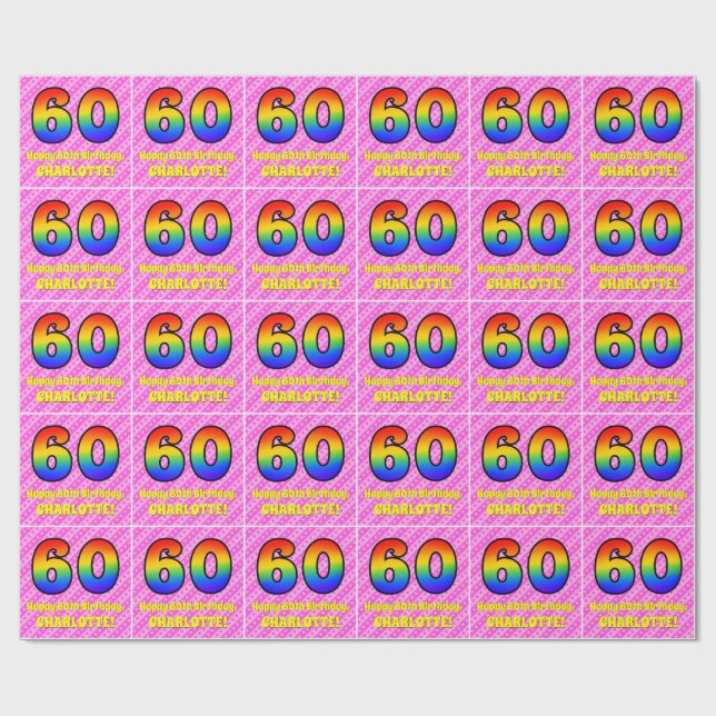 60th Birthday: Pink Stripes & Hearts, Rainbow # 60 Wrapping Paper (Flat)