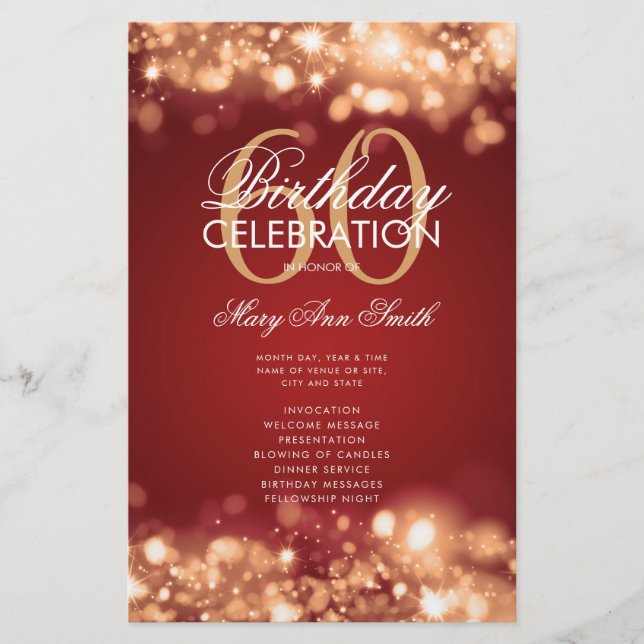 60th Birthday Program Glam Lights Gold Red Menu (Front)