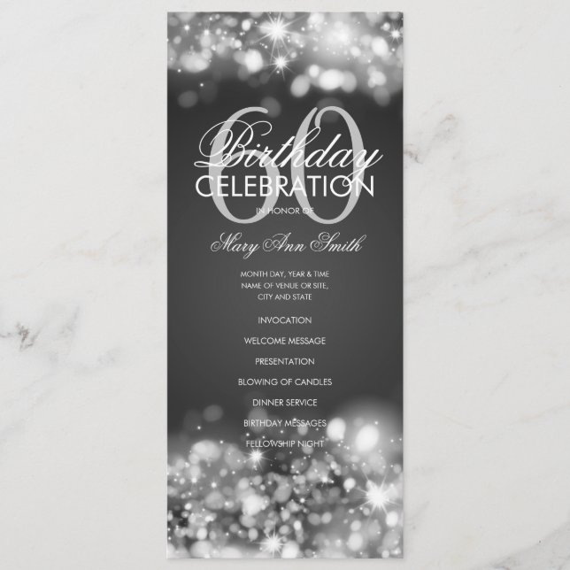 60th Birthday Program Glam Lights Silver w/ Menu (Front)
