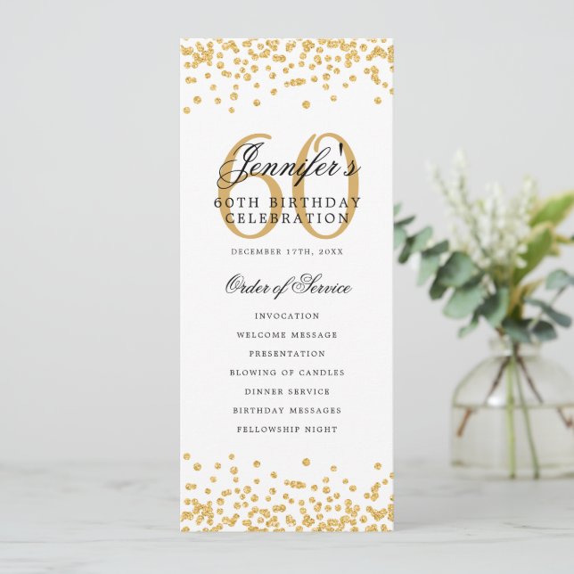 60th Birthday Program Gold Confetti Menu (Standing Front)