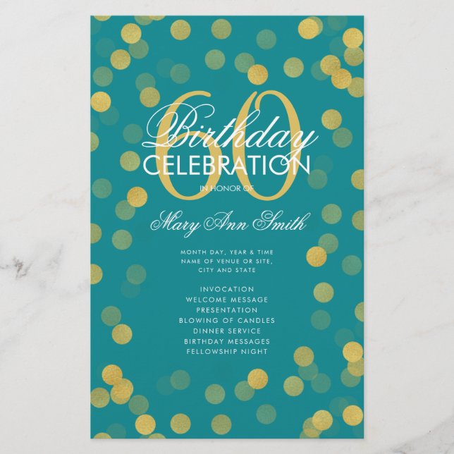 60th Birthday Program Gold Confetti Menu Teal  (Front)