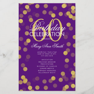 60th Birthday Program Gold Confetti w/ Menu Purple
