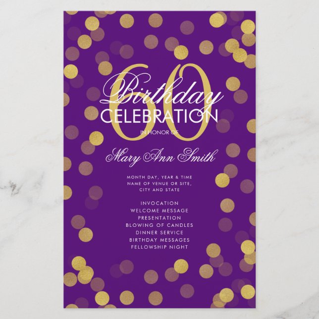 60th Birthday Program Gold Confetti w/ Menu Purple (Front)