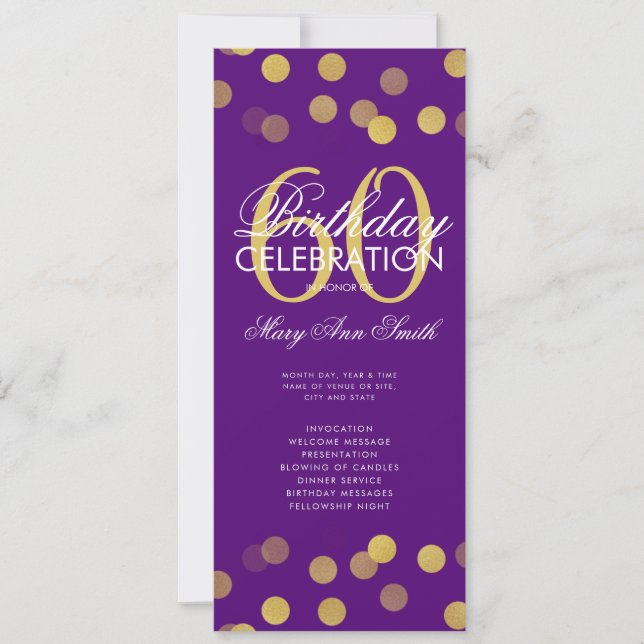 60th Birthday Program Gold Confetti w/ Menu Purple (Front)
