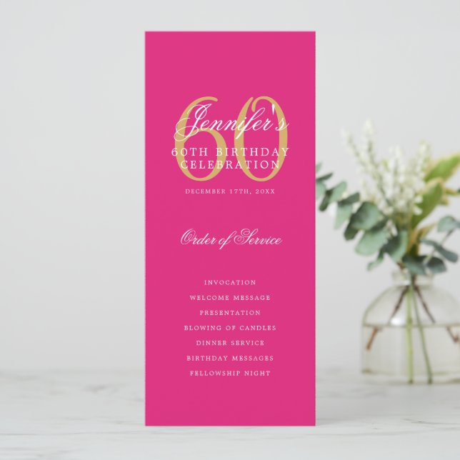 60th Birthday Program Gold Hot Pink Thank You (Standing Front)