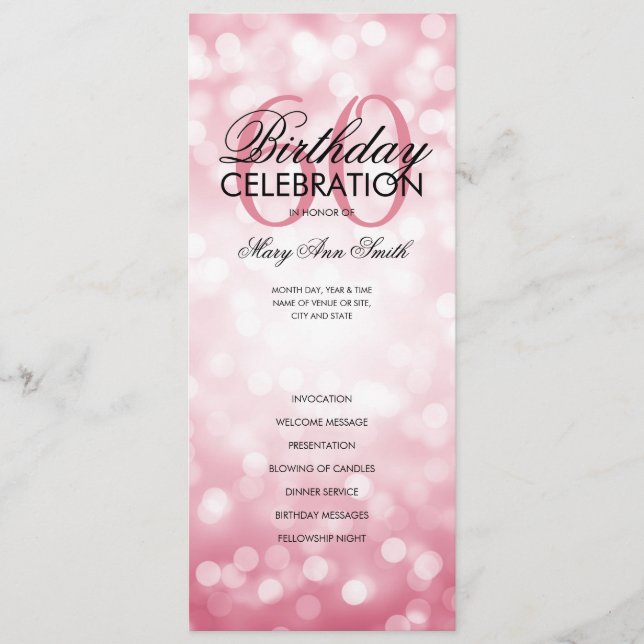 60th Birthday Program Lights Rose Gold Menu (Front)