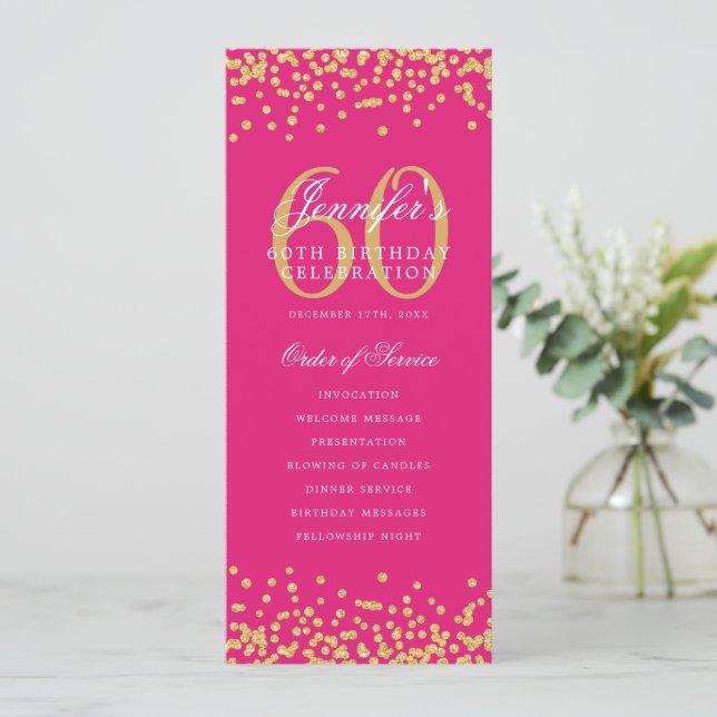 60th Birthday Program Menu Thank U Gold Hot Pink  (Standing Front)