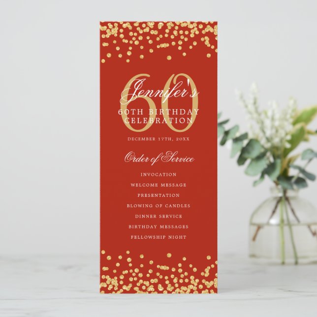 60th Birthday Program Menu Thank U Gold Red  (Standing Front)