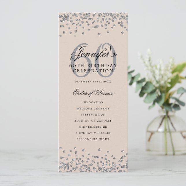 60th Birthday Program Menu Thanks Silver Champagne (Standing Front)
