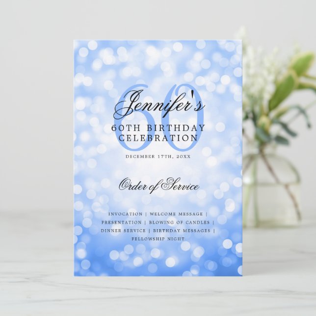 60th Birthday Program Navy Blue Bokeh w/ Menu (Standing Front)