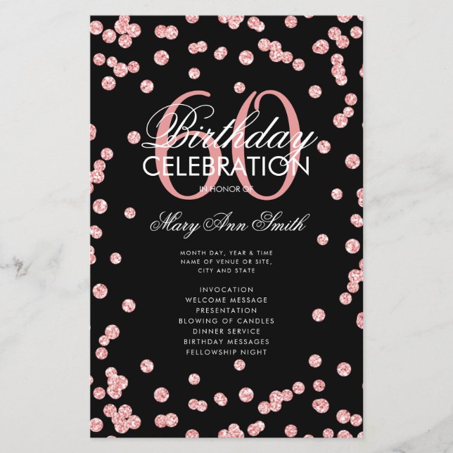 60th Birthday Program Rose Gold Glitter w/ Menu (Front)