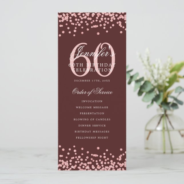 60th Birthday Program Rose Gold Menu Burgundy (Standing Front)
