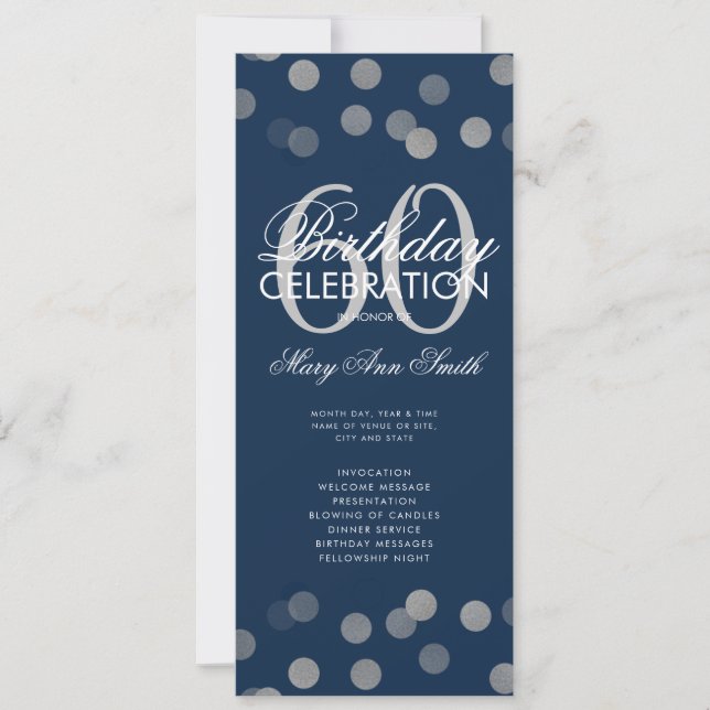 60th Birthday Program Silver Confetti Menu Navy  (Front)