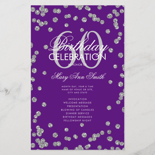 60th Birthday Program Silver Glitter Menu Purple (Front)