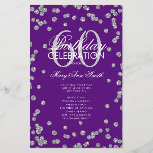 60th Birthday Program Silver Glitter Menu Purple
