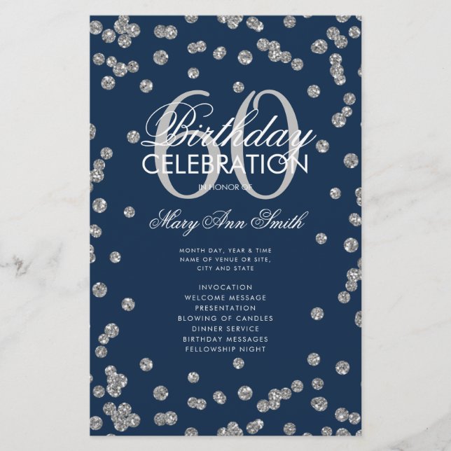 60th Birthday Program Silver Glitter w/ Menu Navy  (Front)