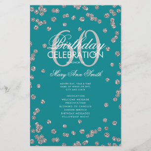 60th Birthday Program Silver Glitter w/ Menu Teal 