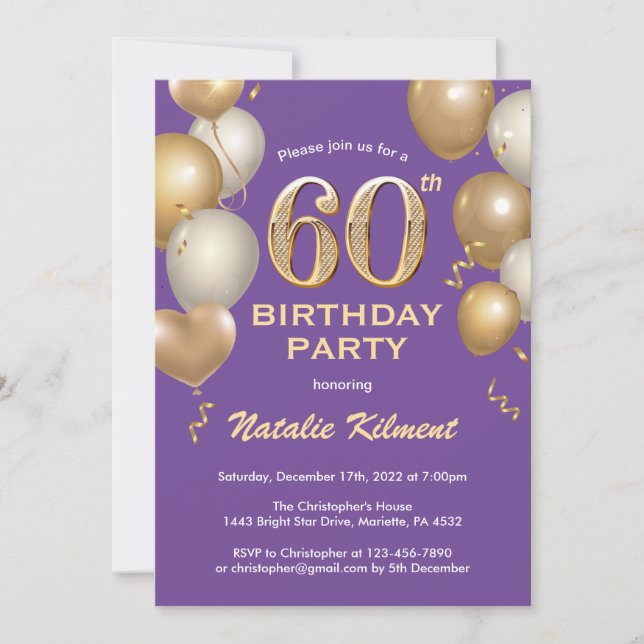 60th Birthday Purple and Gold Glitter Balloons Invitation (Front)