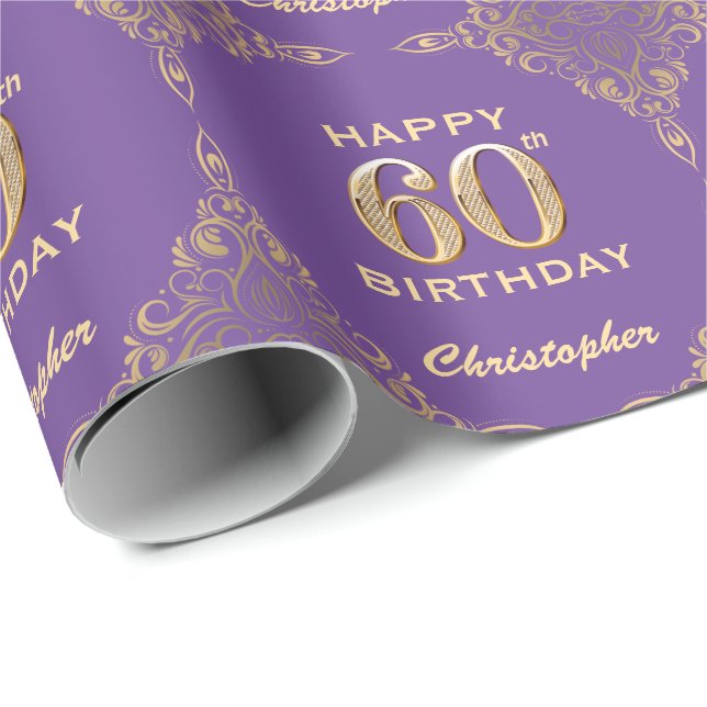 60th Birthday Purple and Gold Glitter Frame Wrapping Paper (Roll Corner)