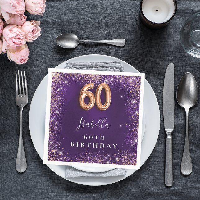 60th birthday purple gold glitter name napkin (Creator Uploaded)
