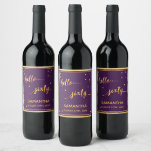 60th birthday purple gold hello 60 name script wine label