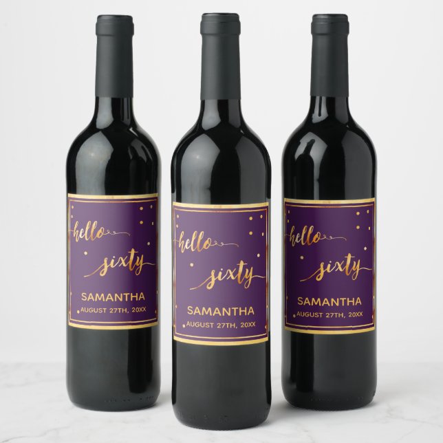 60th birthday purple gold hello 60 name script wine label (Bottles)