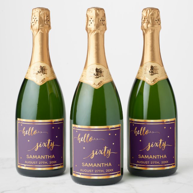 60th birthday purple gold name script sparkling wine label (Bottles)