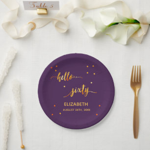 60th birthday purple gold typography script paper plate