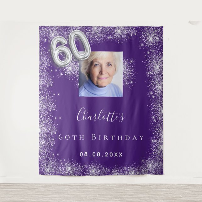 60th birthday purple silver photo glitter welcome tapestry (Front)