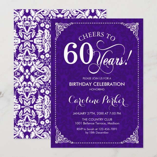 60th Birthday - Purple White Damask Invitation (Front/Back)