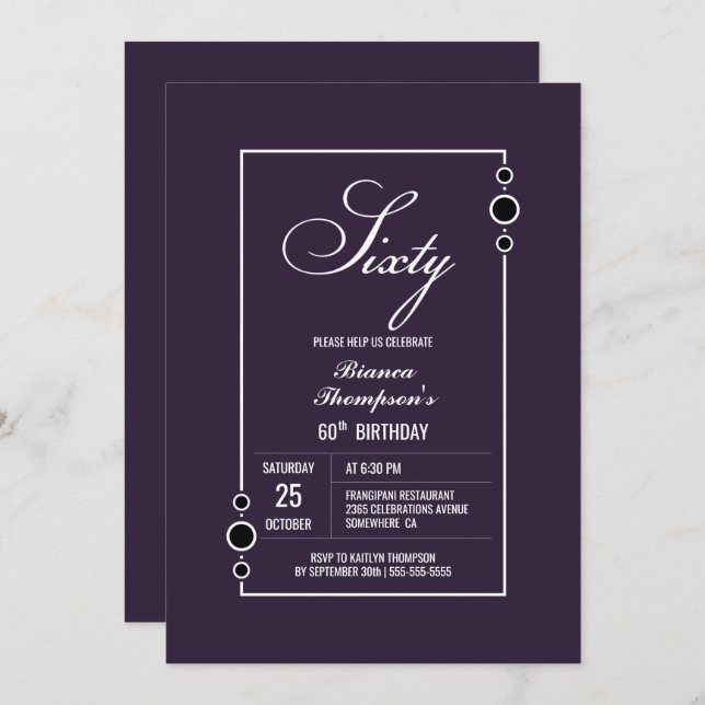 60th Birthday Purple with White Frame Party Invitation (Front/Back)