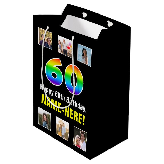 60th Birthday: Rainbow “60“, Custom Photos & Name Medium Gift Bag (Back Angled)