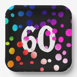 60th Birthday Rainbow Dots on Black Paper Plate