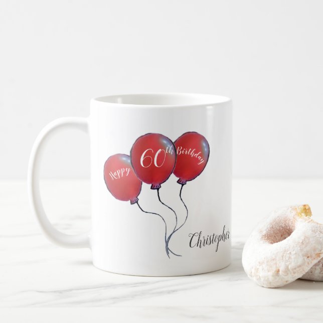 60th birthday red balloon gift coffee mug (With Donut)
