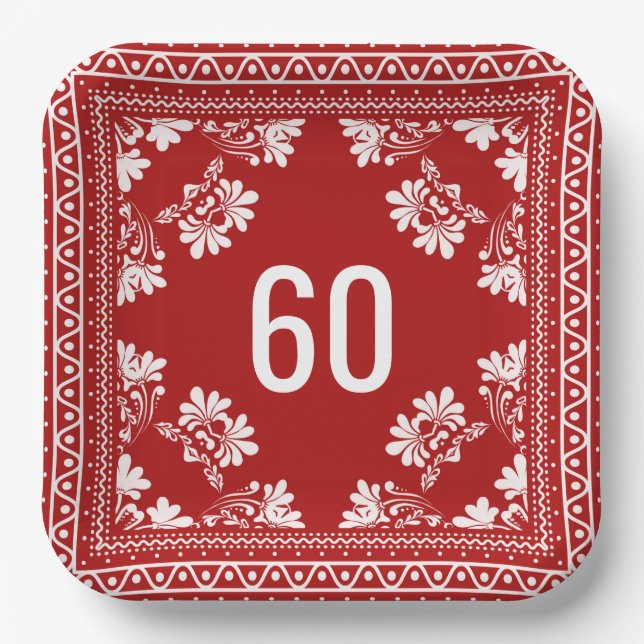 60th Birthday Red Bandana Paper Plate (Front)