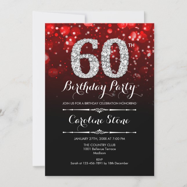60th Birthday - Red Black Silver Invitation (Front)