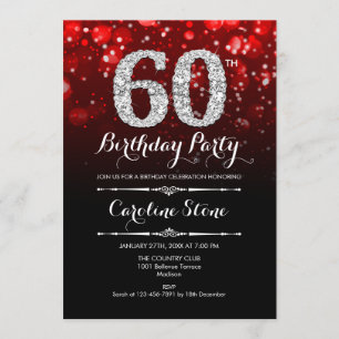 60th Birthday - Red Black Silver Invitation