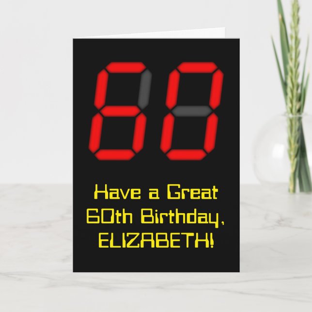 60th Birthday: Red Digital Clock Style "60" + Name Card (Front)
