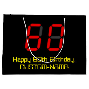 60th Birthday: Red Digital Clock Style "60" + Name Large Gift Bag