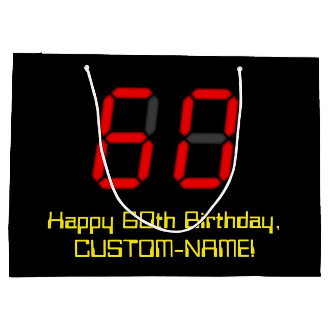 60th Birthday: Red Digital Clock Style "60" + Name Large Gift Bag (Back)