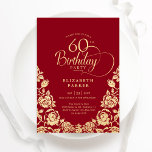 60th Birthday Red Gold Roses Invitation<br><div class="desc">Red gold elegant 60th birthday party invitation. Classy design featuring roses,  faux gold foil and typography script font. Trendy invite card perfect for a stylish female bday celebration. Personalize with your own details. Can be customized to any age. Printed Zazzle invitations or instant download digital printable template.</div>