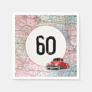 60th Birthday Red Retro Truck on Road Map   Napkin