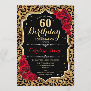 60th Birthday - Red Roses Leopard Print Invitation
