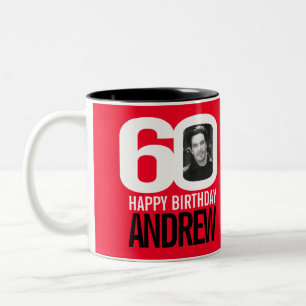 60th birthday red white custom photo name Two-Tone coffee mug